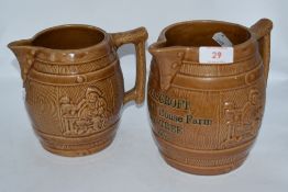 Two jugs in the form of barrels, one having inscription to front reading 'S Ashcroft, The Mill House