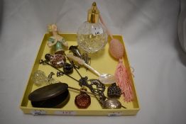 A miscellany of vintage items, to include, Charles Horner hat pin, HMS capped perfume bottle, pin