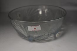A 1930s Jobling Opalique glass bowl, having swallow design and baring moulded marks to underside.