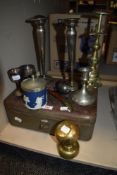 A Mixed lot of vintage items, comprising, novelty lighter, candlesticks, deed box, opium pipe and