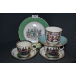 Three 19th century cups and saucers and a plate, each having hand tinted transfer pattern