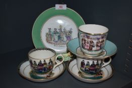 Three 19th century cups and saucers and a plate, each having hand tinted transfer pattern