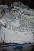 A large box of mixed vintage and retro table linen and similar, including embroidered items.