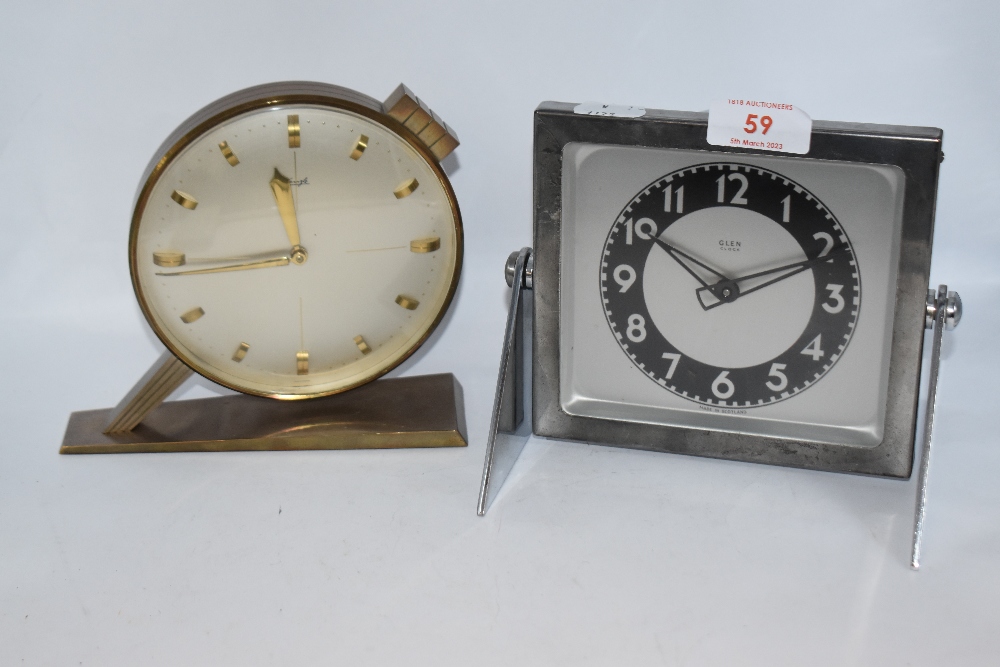 Two mid century stylised clocks, including chrome finish, Scottish made Glen clock and brass