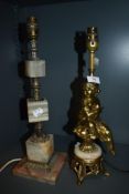 Two vintage table lamps, one having semi nude figure decoration, the other cubes of onyx,