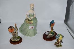 A Royal Doulton 'Clarissa' figurine, a Beswick blue tit and a Border fine arts kingfisher and