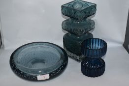 Three pieces of art glass in blue tones, to include Riihimaki Kehra vase designed by Tamara Aladin.