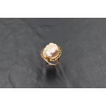 A conch shell cameo ring depicting a Bacchanalian maiden in profile in a collared mount on a