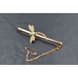 A 9ct gold dragonfly bar brooch having turquoise and seed pearl decoration, approx 6g