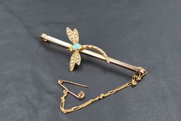 A 9ct gold dragonfly bar brooch having turquoise and seed pearl decoration, approx 6g