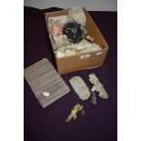 A box of antique lace and trimmings, including embroidered edging, metallic thread, tassels and