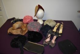 A mixed lot of vintage accessories, including antique straw bonnet and velvet 1940s/50s 'Jacoll'