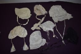 Six Victorian and Edwardian children's and babies bonnets, also included is a CC41 utility