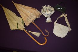 Three late 19th to early 20th century bags, including embroidered oriental silk drawstring bag, also
