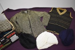 A mixed lot of vintage accessories, including hats, Welsh wool style waistcoat, green and blue 60'