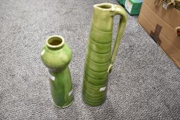 Two Arts and Crafts era studio pottery vases both having Olive green lustre glazes, both unsigned.
