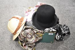 A collection of vintage silk scarfs including Jacqmar and three mens hats including Bowler