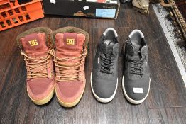 Two pairs of modern mens trainers including DC shoes and Supra both size 9UK with very little wear.