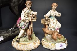 A pair of German porcelain figures of two bird keepers, bearing a Dresden or similar mark to base.