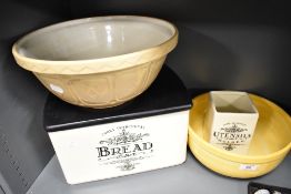 A Mason Cash mixing bowl no.9 with other kitchen ceramics incluidng bread bin utensils and fruit