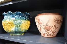 Two Jardiniere planters including a large Victorian style pressed pot and a terracotta Salorian