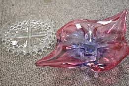 A mid century Walther Glass segmented glass bowl with a similar art glass bowl.