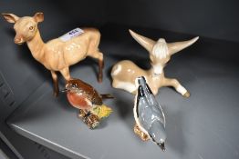 Five figure studies including Beswick Nuthatch, Robin, Jeremy Fisher and Deer with a Szeiler Donkey