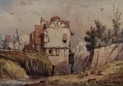 W.E.H (19th century unknown) watercolours, a figure resting beside a waterway and buildings,