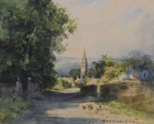 W.R.E Goodrich (British 1887-1956), watercolours, a view down a country lane to Endsor Church