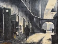A 20th century Jewish acrylic on card, possibly a depiction of the Ghetto, inner city street scene