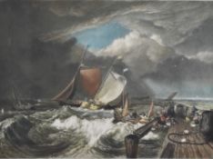 After John Cother Webb (1855-1927) coloured mezzotint engraving, returning home in stormy seas,