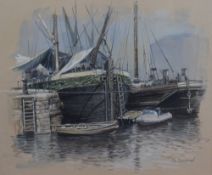 John L Chapman (British b1946) gouache, St Katherines Dock, London, featuring the barge Olive May,
