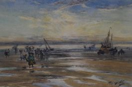 Thomas Swift Hutton (1865-1935) watercolours, coastal scene at sunrise with figures and boats on the