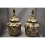 Two substantial 1980s table lamps, having Chinese style design, incorporating birds, wisteria,