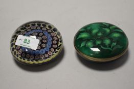 A vintage milliefiori paperweight, unsigned, and a green cloisonné trinket box with quilted velvet