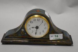 A vintage Japanned style Chinese Quartz mantel clock, having painted blue ground with traditional