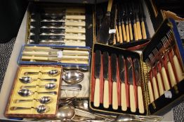 A large collection of vintage flat ware, Bone handled knives, fish servers and MOP handled items