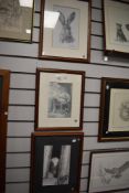Three framed and glazed prints, Blacksmith, a cow and hare, two signed Vivienne Coalman, and another