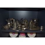 A variety of vintage and antique pewter, including etched tea pot, hammered tray,tankards etc.