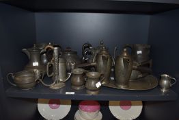A variety of vintage and antique pewter, including etched tea pot, hammered tray,tankards etc.