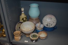 A mixed lot of vintage studio pottery, including lamp, vases and bowl etc.