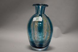 A Mdina glass vase, having opalescent stripes interspersed with aqua stripes, signed to underside.