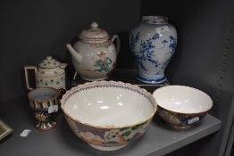 A mixed lot of ceramics, including circa 19th century Vienna lidded jug, having shamrock design,