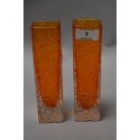 A pair of 1960s Whitefriars nail head vases in tangerine, designed by Geoffrey Baxter.