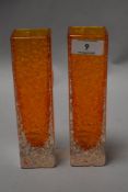 A pair of 1960s Whitefriars nail head vases in tangerine, designed by Geoffrey Baxter.