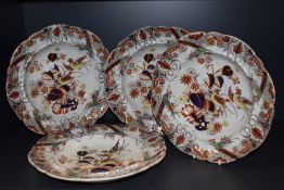 Four 19th century Masons Ironstone plates/ shallow bowls, having scalloped edges and transfer