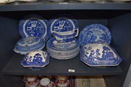 A selection of blue and white Willow pattern ceramics including Hanley large and small tureen with.