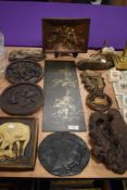 An assortment of animal study plaques, of Richard Fisher, Lake District interest, A wood effect bird