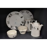 A selection of Dunn Bennett and co tea wares, each having silhouette caricatures, some comical and