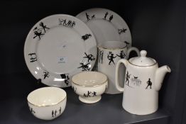 A selection of Dunn Bennett and co tea wares, each having silhouette caricatures, some comical and